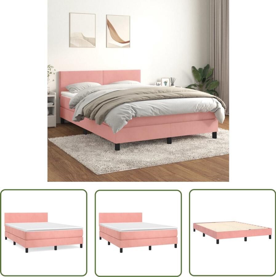 VidaXL Boxspring Fluweel Roze 140x200 cm Boxspring Velvet Bed Rosé Bed Tweepersoonsbed Hoofdbord Pocketveermatras Middenhard