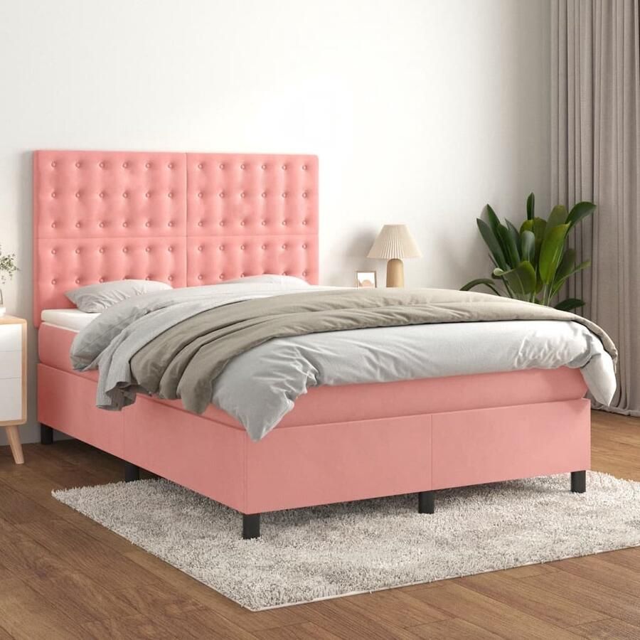 VidaXL Boxspring Fluweel Roze 140x200 cm Boxspringbed Fluweel Bed Verstelbare Hoofdbord Pocketveer Matras Middenhard Matras Rosé Bed Tweepersoons Bed - Foto 2