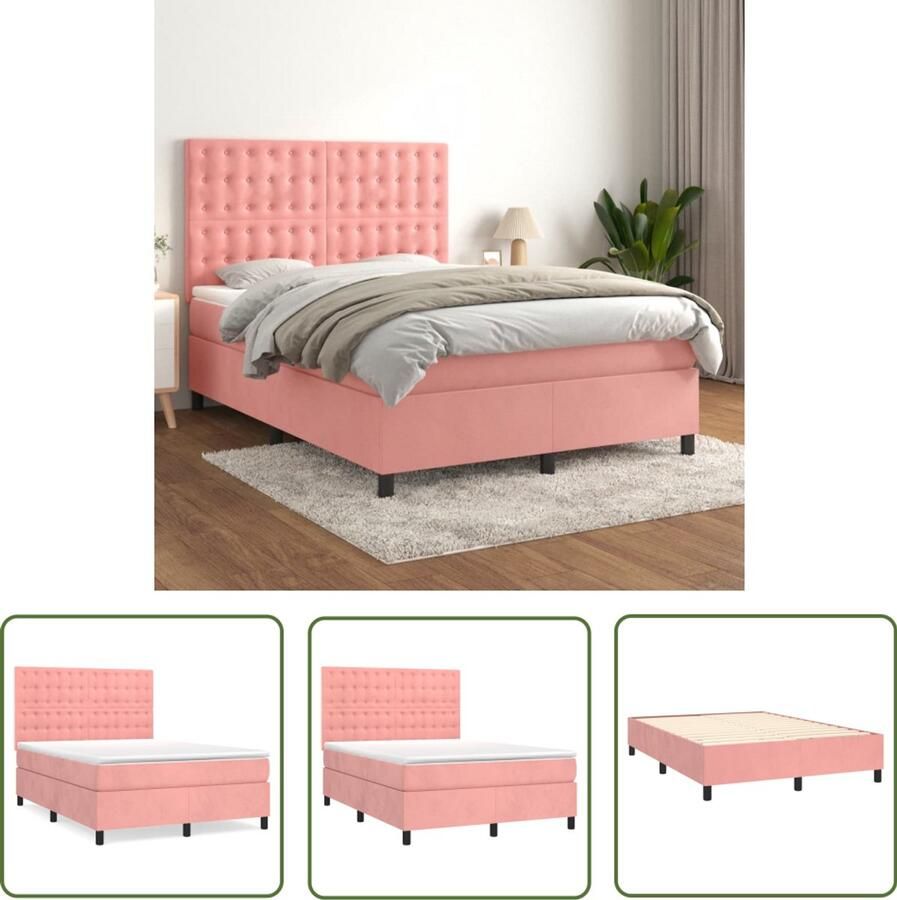 VidaXL Boxspring Fluweel Roze 140x200 cm Boxspringbed Fluweel Bed Verstelbare Hoofdbord Pocketveer Matras Middenhard Matras Rosé Bed Tweepersoons Bed