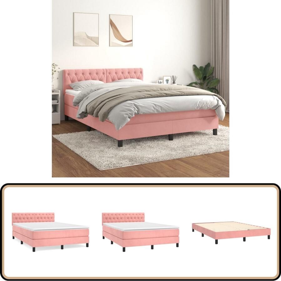 VidaXL Boxspring Fluweel Roze 140x190 cm Boxspringbed Fluweel Bed Rooskleurig Bed Tweepersoonsbed King Size Bed Slaapkamer Meubilair