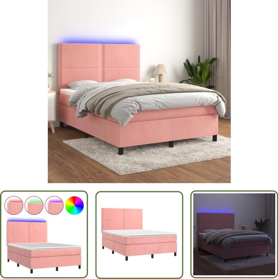 VidaXL Boxspring Fluweel Roze 140x200 cm Inclusief LED Boxspring Fluweel Bed Rooskleurig Bed Tweepersoonsbed Led Lampen Adjustable Headboard Pocketed Spring Mattress