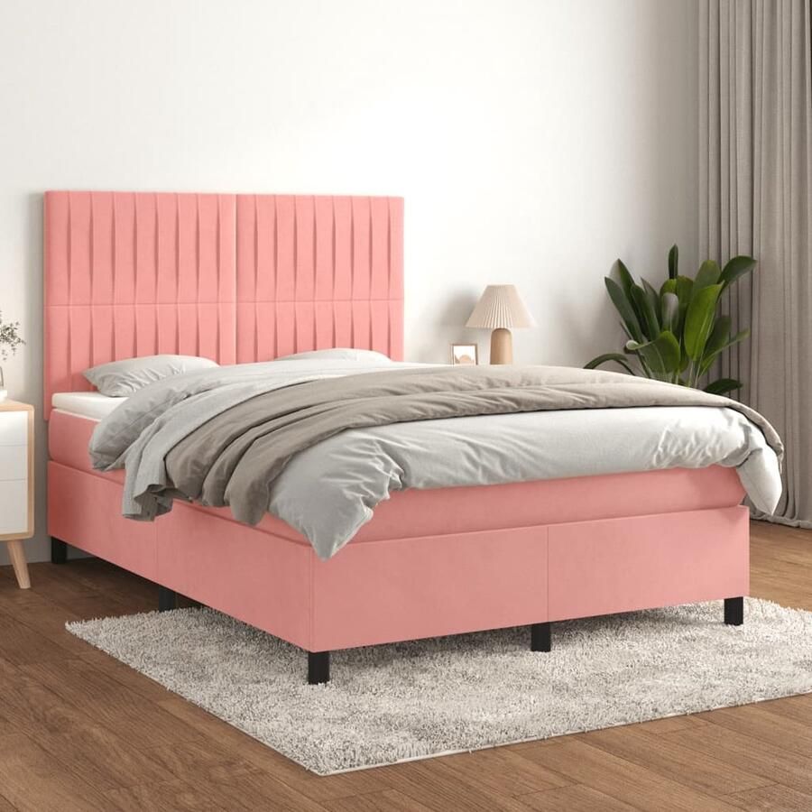 VidaXL Boxspring Fluweel Roze 140x200 cm Inclusief Matras Boxspringbed Fluweel Bed Zachte Bedding Verstelbare Hoofdbord Pocketveer Matras Middelhard Matras Rosé Bed - Foto 2