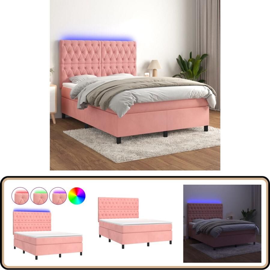 VidaXL Boxspring met LED Fluweel Roze 140x190 cm Boxspring Led Bed Velvet Bed Verstelbare Hoofdbord Pocketed Spring Mattress Pink Bedroom Furniture