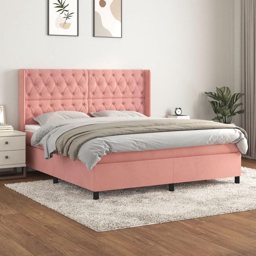 VidaXL Boxspring Fluweel Roze 160x200 cm Boxspringbed Fluweel Bed Rooskleurig Bed Tweepersoons Bed Boxspring Slaapkamer Meubilair Pocketed Veren Matras Middelhard Matras - Foto 3