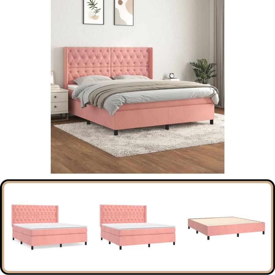 VidaXL Boxspring Fluweel Roze 160x200 cm Boxspringbed Fluweel Bed Rooskleurig Bed Tweepersoons Bed Boxspring Slaapkamer Meubilair Pocketed Veren Matras Middelhard Matras