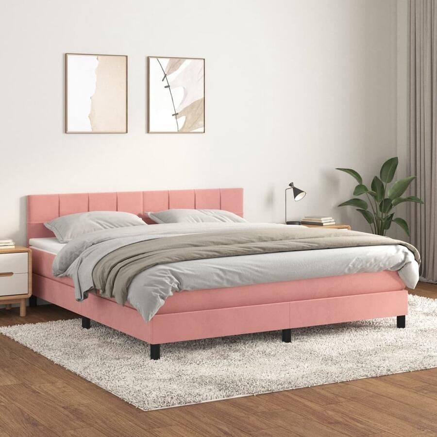 VidaXL Boxspring Fluweel Roze 160x200 cm Boxspringbed Fluweel Bed Rosé Bed Tweepersoons Bed Pocketveer Matras Middelhard Matras - Foto 2