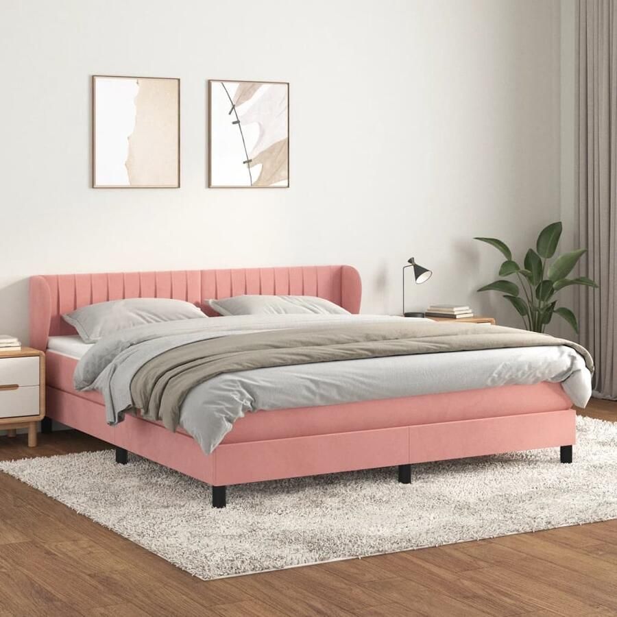 VidaXL Boxspring Fluweel Roze 160x200 cm Inclusief Topmatras Boxspringbed Fluweel Bed Rooskleurig Bed Tweepersoons Bed Pocketveer Matras Middelhard Matras Hoofdbord - Foto 2