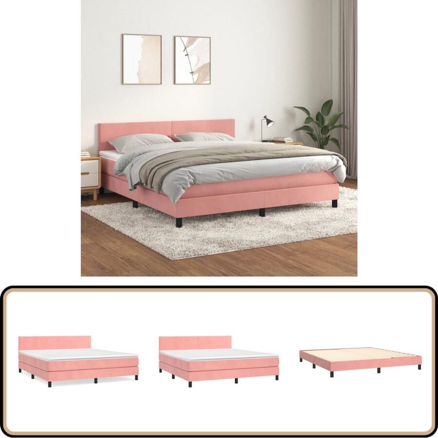 VidaXL Boxspring Fluweel Roze 180x200 cm Boxspringbed Rozenkleurig Velvet Tweepersoonsbed King Size Bed Hoofdbord Verstelbaar Pocketvering Matras Middelhard