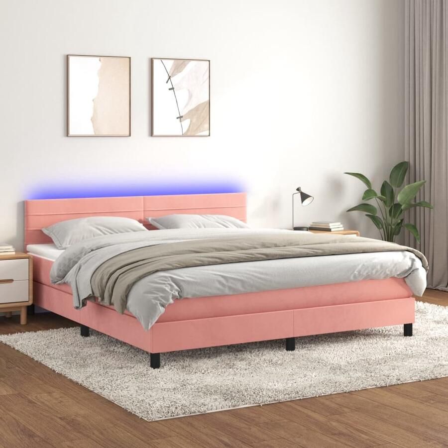 VidaXL Boxspring Fluweel Roze 180x200 cm LED Boxspring Bed Velvet Bed Led Bed Tweepersoonsbed Slaapcomfort Rozerood Bed - Foto 2