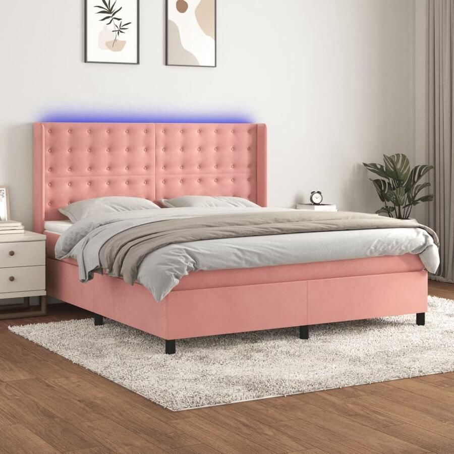 VidaXL Boxspring Fluweel Roze 180x200 cm LED Boxspring Fluweel Bed Rozenkleurig Bed Led Bed Pocketed Spring Mattress Adjustable Headboard - Foto 2