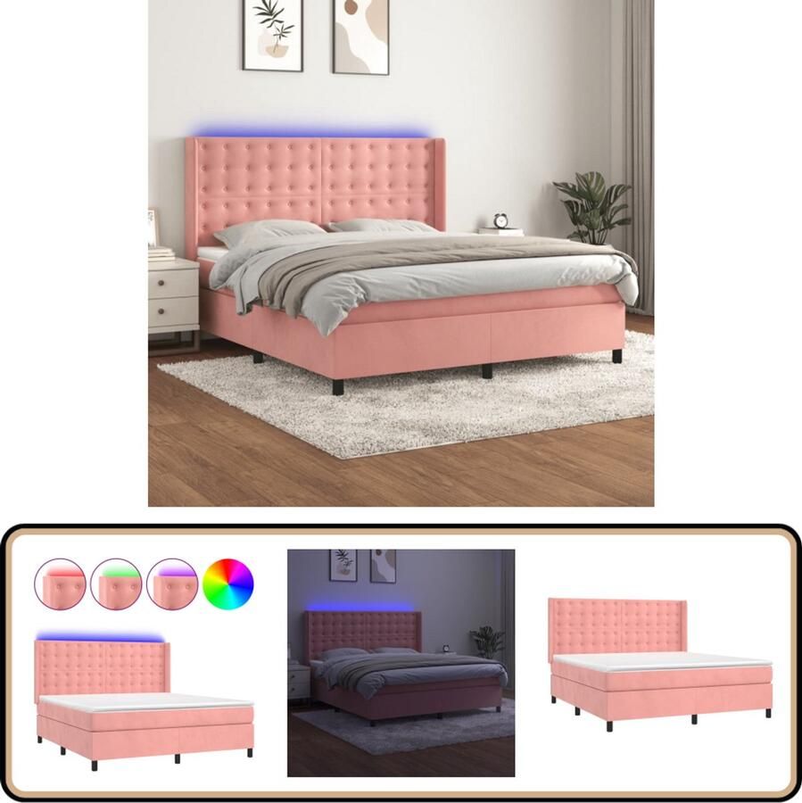 VidaXL Boxspring Fluweel Roze 180x200 cm LED Boxspring Fluweel Bed Rozenkleurig Bed Led Bed Pocketed Spring Mattress Adjustable Headboard