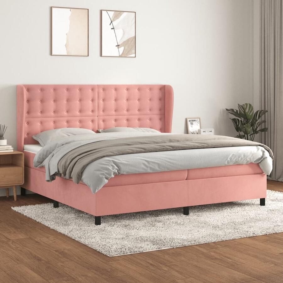 VidaXL Boxspring Fluweel Roze 200x200 cm Boxspringbed Fluweel Bed Roze Bed Tweepersoons Bed Pocketvering Matras Middelhard Matras - Foto 2