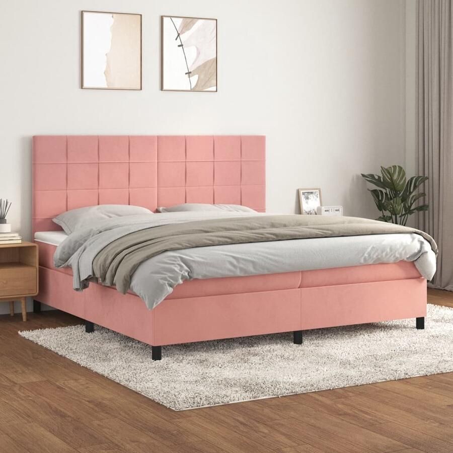 VidaXL Boxspring Fluweel Roze 200x200 cm Boxspringbed Fluweel Bed Velvet Bed Rooskleurig Bed Tweepersoonsbed King Size Bed Hoofdbord Pocketveer Matras Middelhard Matras - Foto 2