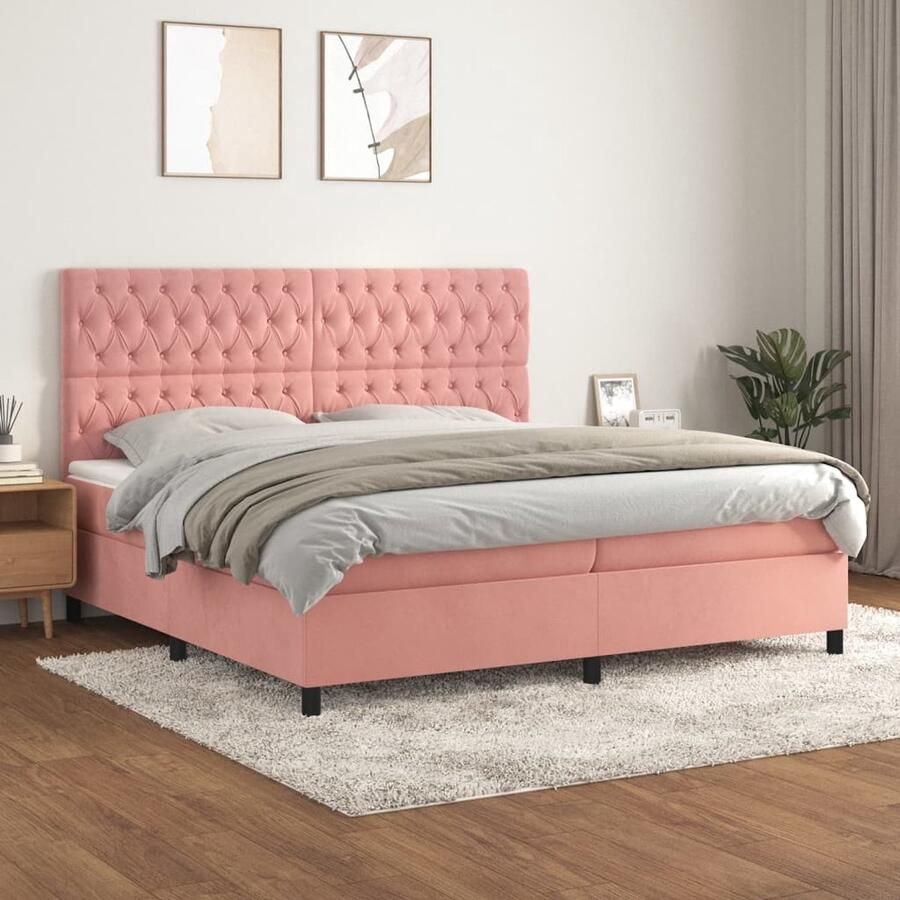 VidaXL Boxspring Fluweel Roze 200x200 cm Boxspringbed Fluweel Bed Velvet Bed Tweepersoons Bed Groot Bed Middelhard Matras Rosé Bed Slaapkamer Meubilair - Foto 2
