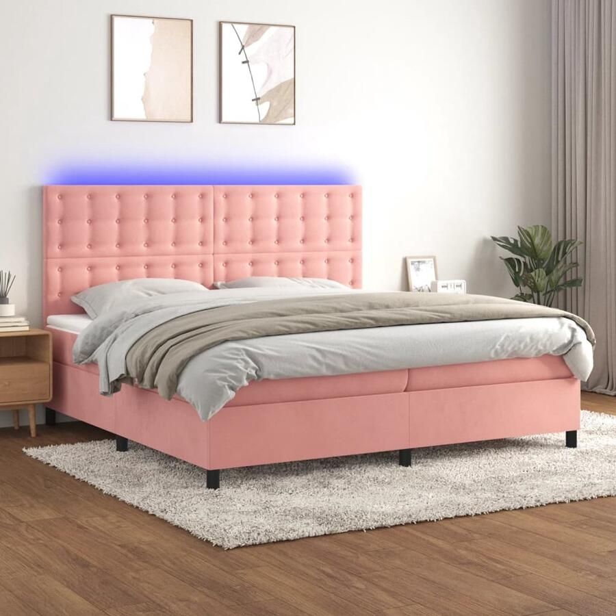VidaXL Boxspring Fluweel Roze 200x200 cm LED Boxspring Bed Fluweel Bed Led Bed Pocketed Spring Mattress Rooskleurig Bed Tweepersoons Bed - Foto 2