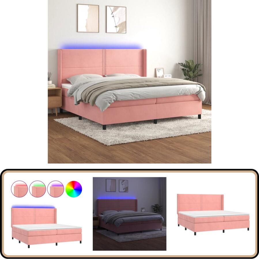 VidaXL Boxspring Fluweel Roze 200x200 cm LED Verlichting Boxspring Fluweel Bed Verstelbare Hoofdbord Led Lampen Pocketveer Matras