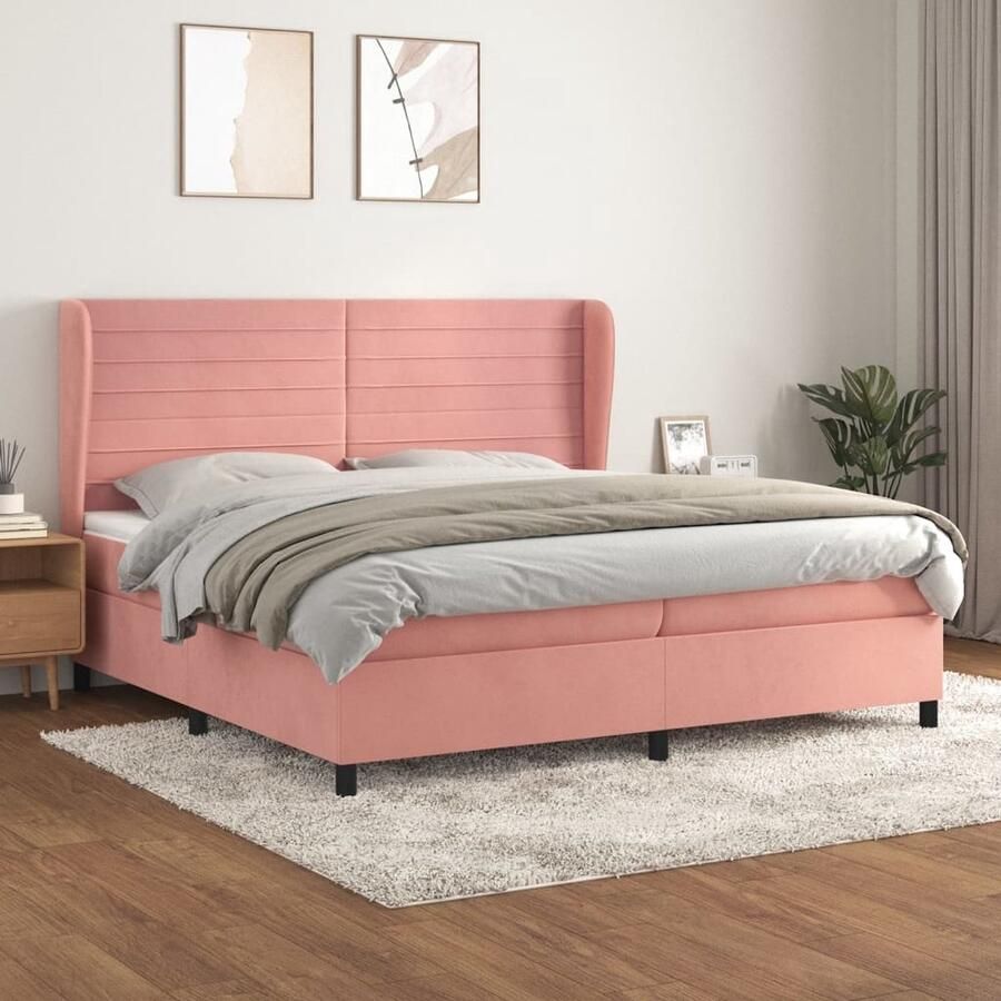 VidaXL Boxspring Fluweel Roze 200x200 cm Met Matrassen Boxspringbed Fluweel Bed Roos Bed Tweepersoons Bed Pocketveer Matras Middelhard Matras - Foto 2