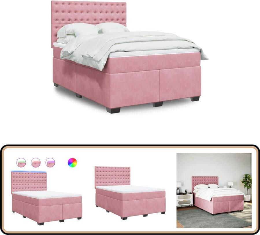 VidaXL Boxspring Fluweel Roze Inclusief Matras 140x190 cm Boxspringbed Fluweel Bed Roze Bed Led Bed Elektrisch Bed