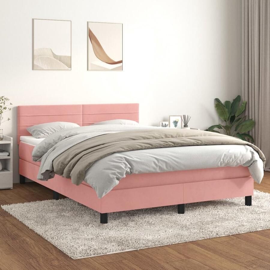 VidaXL Boxspring Fluweel Roze Inclusief Matras 140x190 cm Boxspringbed Fluweel Velvet Rosé Boxspring Slaapkamer Bed Nacht Slaapcomfort Midden Hard Pocketed Veren - Foto 2