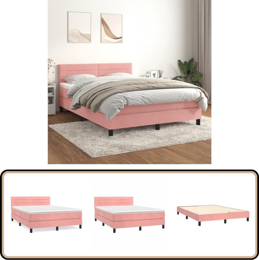 VidaXL Boxspring Fluweel Roze Inclusief Matras 140x190 cm Boxspringbed Fluweel Velvet Rosé Boxspring Slaapkamer Bed Nacht Slaapcomfort Midden Hard Pocketed Veren