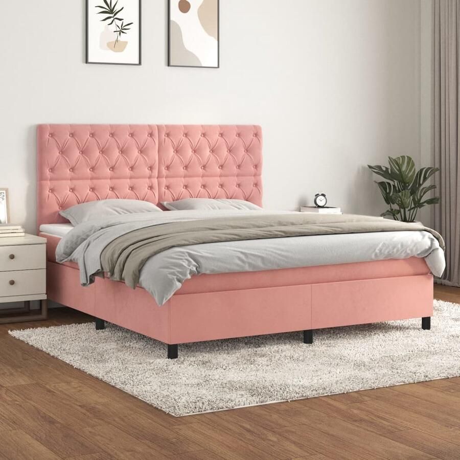 VidaXL Boxspring Fluweel Roze Inclusief Matras 160x200 cm Boxspringbed Fluweel Bed Roos Kleurig Bed Tweepersoons Bed Verstelbare Hoofdbord Pocketveer Matras Middelhard Matras - Foto 2