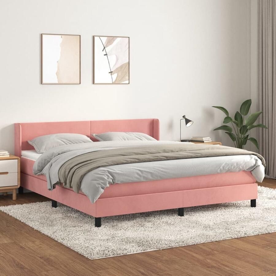 VidaXL Boxspring Fluweel Roze Inclusief Matras 180x200 cm Boxspringbed Fluweel Bed Rozerood Bed Tweepersoonsbed King Size Bed Pocketed Spring Mattress Boxspring Set - Foto 2