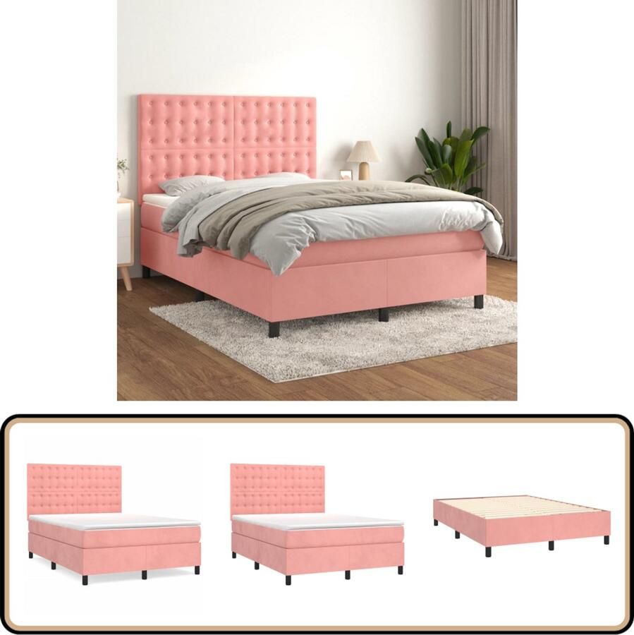 VidaXL Boxspring Fluweel Roze Inclusief Matras Boxspringbed Comfortabel Bed Pocketvering Matras Middelhard Matras Rooskleurig Bed Velvet Bed Tweepersoonsbed