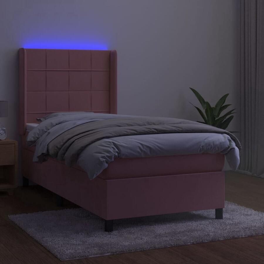 VidaXL Boxspring Fluweel Roze Met LED 90x200 cm Boxspring Fluweel Bed Rooskleurig Bed Verstelbare Hoofdbord Led Lampje