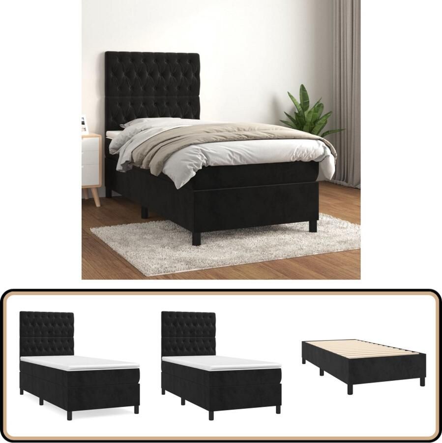 VidaXL Boxspring Fluweel Zwart 100x200 cm Inclusief Matras Boxspringbed Zwarte Boxspring Velvet Boxspring Verstelbare Hoofdbord Pocketveer Matras