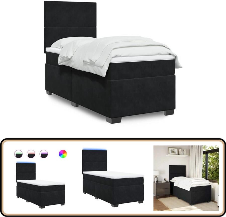 VidaXL Boxspring Fluweel Zwart 100x200 cm LED Boxspringbed Tweepersoonsbed Velvet Bed Zwart Bed Led Lampjes Bed