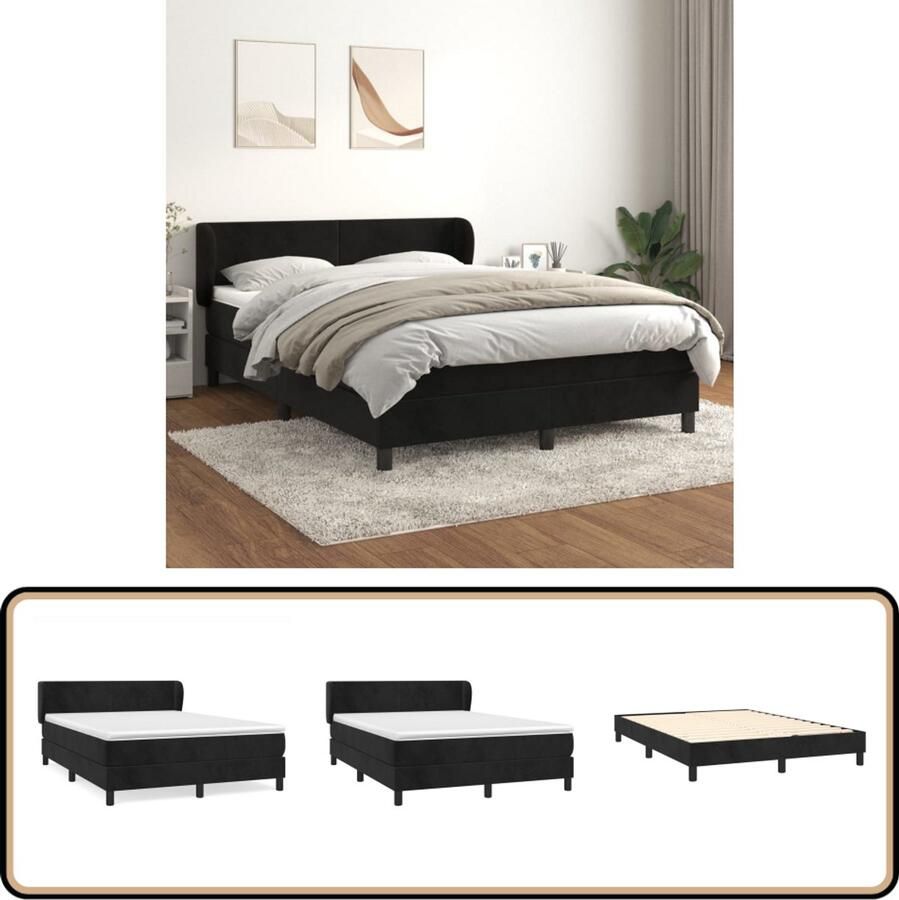 VidaXL Boxspring Fluweel Zwart 140x190 cm Boxspring Bed Fluweel Bed Boxspring Velvet Bed Hoofdbord Verstelbaar Pocketveer Matras Middelharde Matras Zware Boxspring