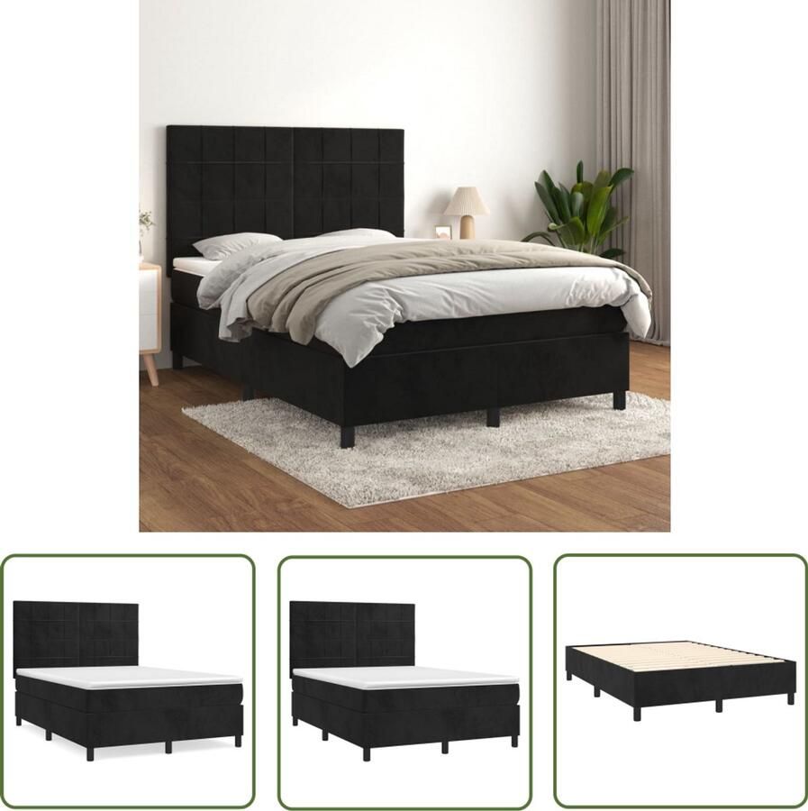VidaXL Boxspring Fluweel Zwart 140x190 cm Boxspring Bed Frame Fluweel Bed Tweepersoons Bed Zitzakken Hoofdbord Verstelbaar Pocketveer Matras Medium Hard