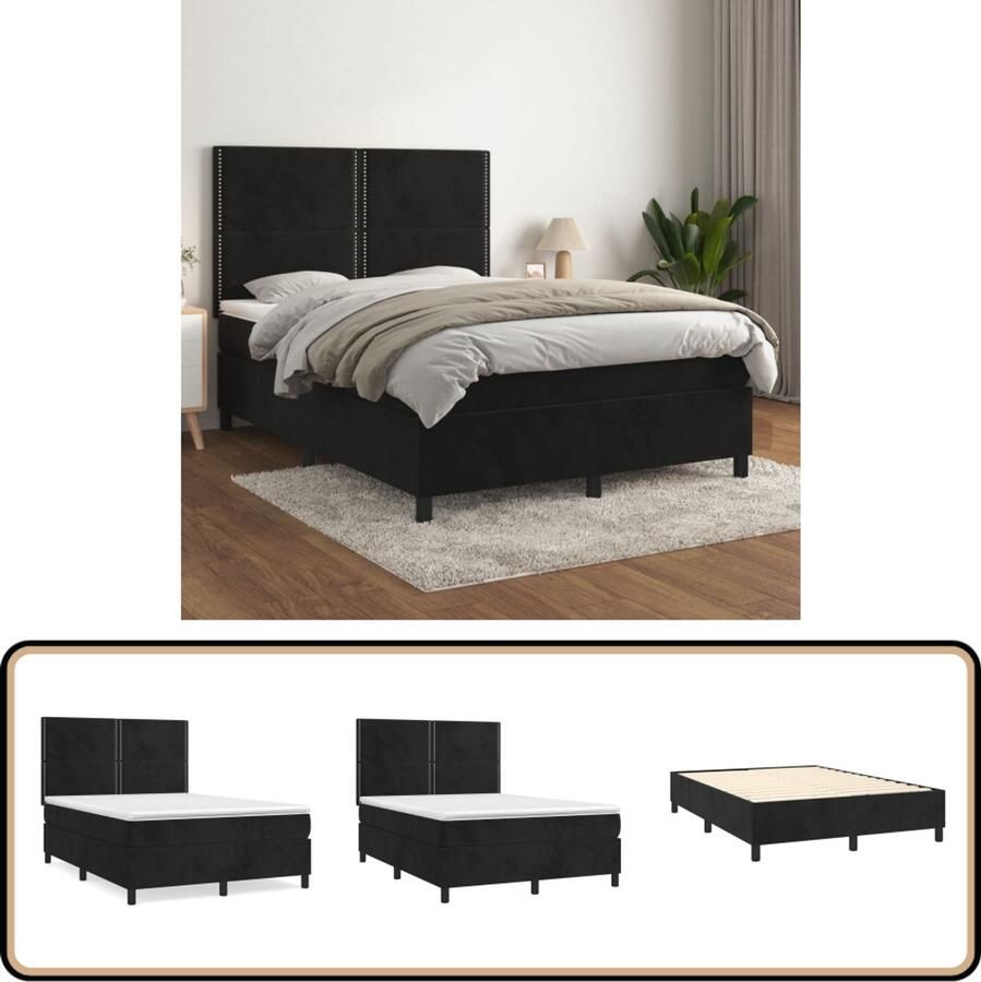 VidaXL Boxspring Fluweel Zwart 140x190 cm Boxspringbed Fluweel Bed Pocketveer Matras Middelhard Matras Tweepersoons Bed Slaapkamer Meubilair
