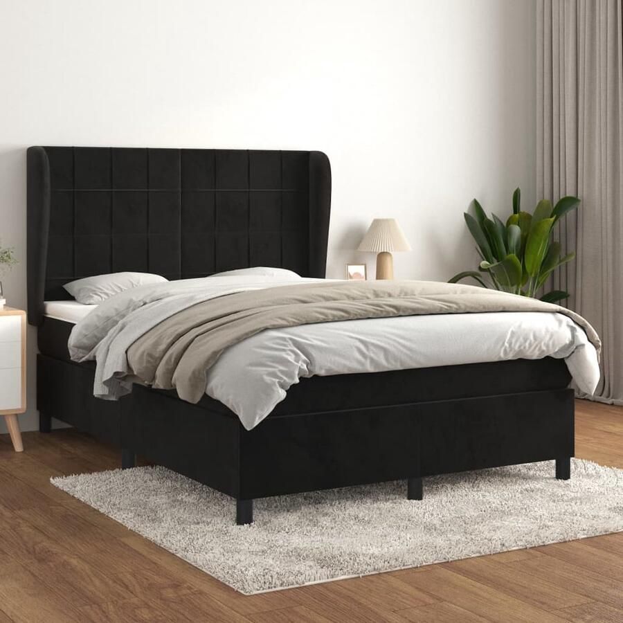 VidaXL Boxspring Fluweel Zwart 140x190 cm Boxspringbed Tweepersoonsbed Velvet Bed Zwarte Bed Adjustable Headboard Pocketveer Matras Middelhard Matras - Foto 2