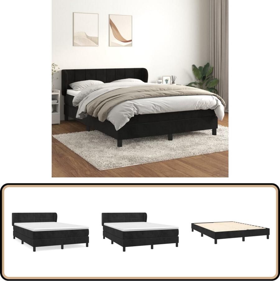VidaXL Boxspring Fluweel Zwart 140x190 cm Boxspringbed Velvet Bed Tweepersoonsbed King Size Bed Hoofdbord Pocketveer Matras Middenhard Matras Luxe Bed