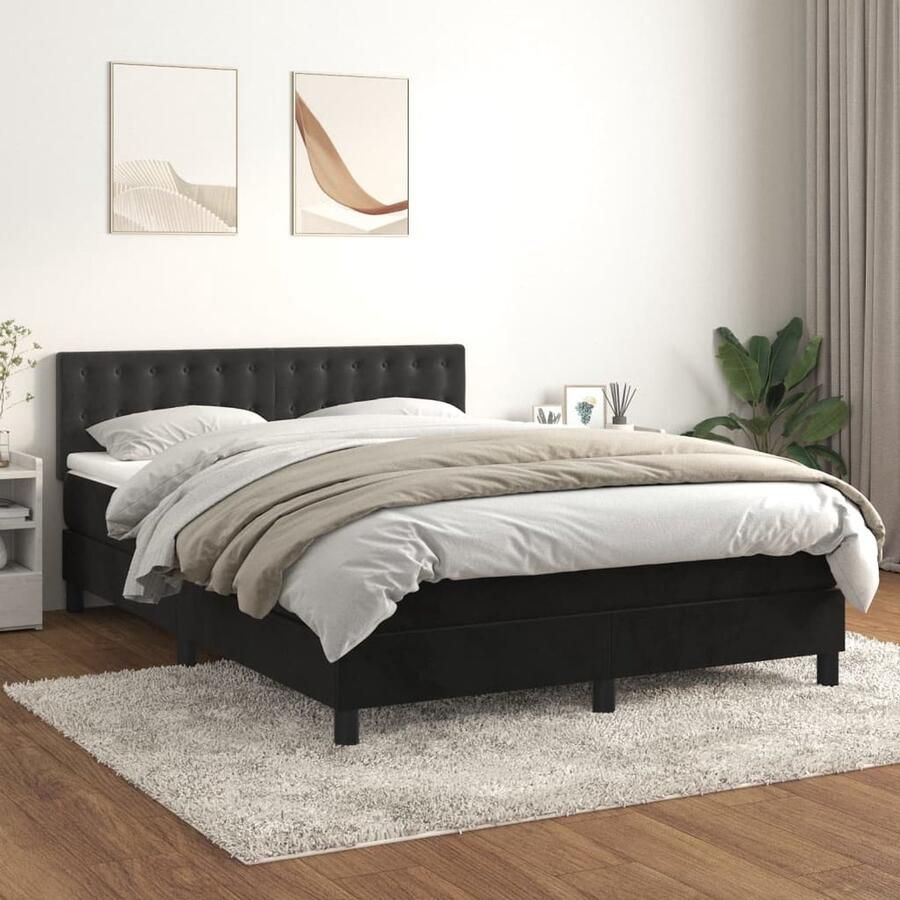 VidaXL Boxspring Fluweel Zwart 140x190 cm Boxspringbed Zwarte Boxspring Velvet Bed Verstelbare Hoofdbord Pocketvering Matras Middelhard Matras Luxe Bed - Foto 2