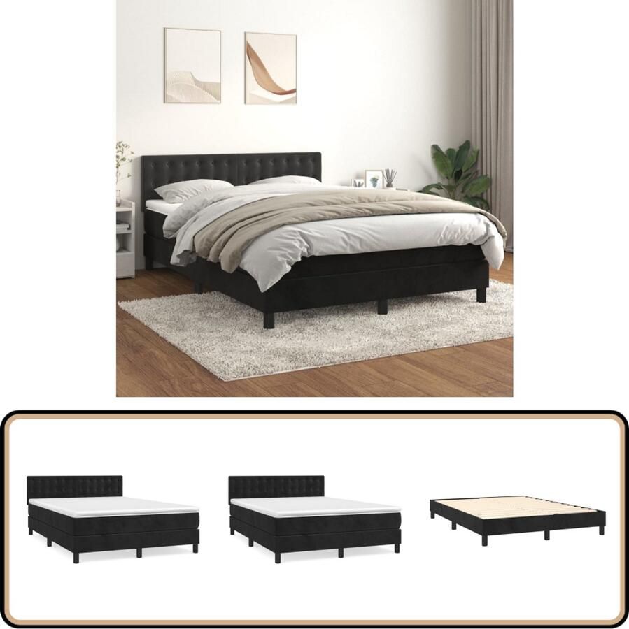 VidaXL Boxspring Fluweel Zwart 140x190 cm Boxspringbed Zwarte Boxspring Velvet Bed Verstelbare Hoofdbord Pocketvering Matras Middelhard Matras Luxe Bed