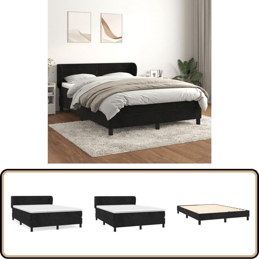 VidaXL Boxspring Fluweel Zwart 140x200 cm Boxspringbed Fluweel Bed Verstelbare Hoofdbord Pocketvering Matras Middelhard Matras Luxe Bed