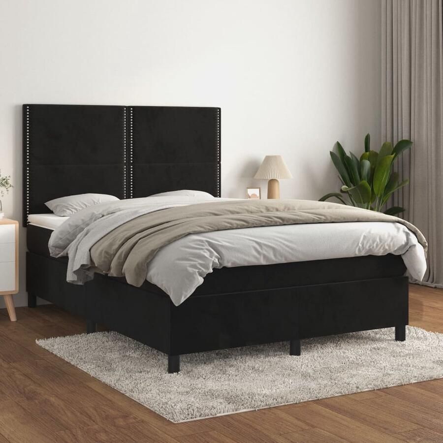 VidaXL Boxspring Fluweel Zwart 140x200 cm Boxspringbed Zwarte Boxspring Velvet Bed Verstelbare Hoofdbord Pocketveer Matras Middelhard Matras Luxe Bed - Foto 2