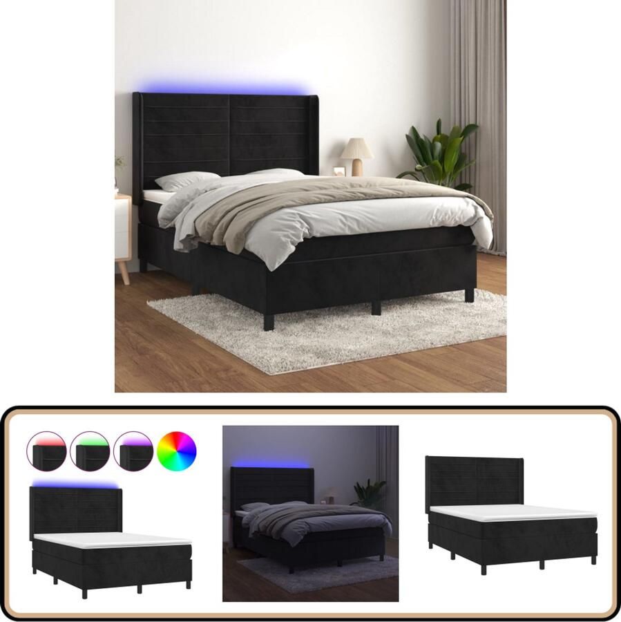 VidaXL Boxspring Fluweel Zwart 140x200 cm LED Boxspring Fluweel Bed Zwarte Boxspring Led Boxspring Met Lampjes