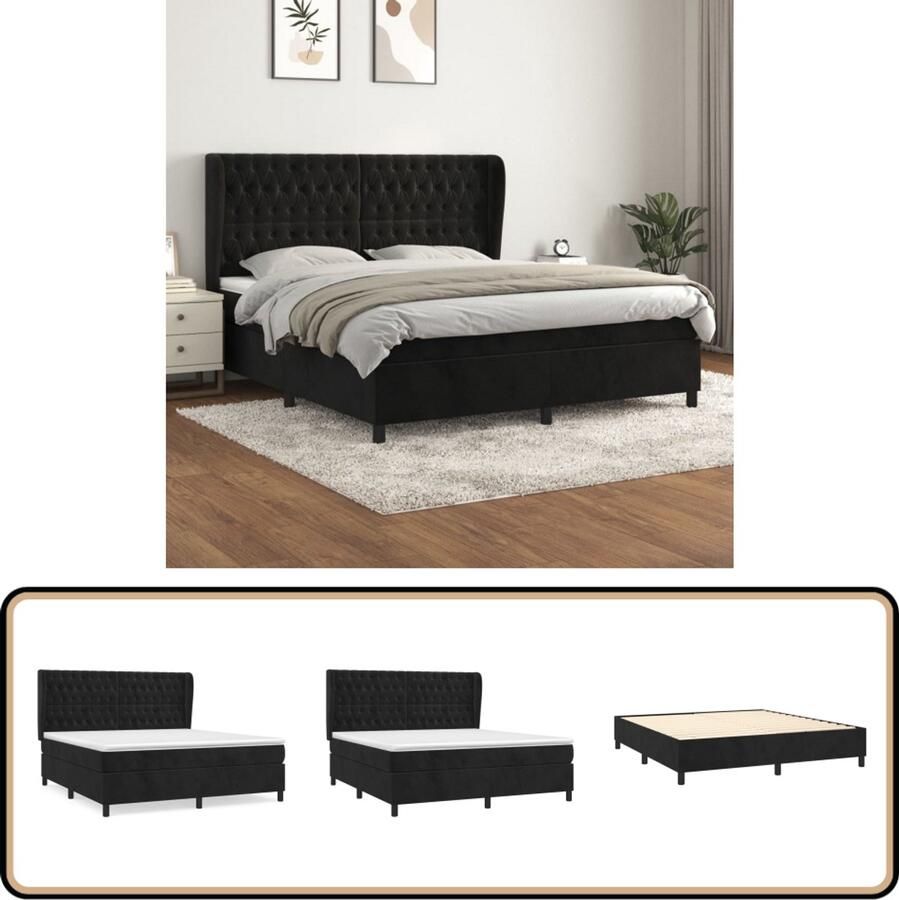 VidaXL Boxspring Fluweel Zwart 160x200 cm Boxspringbed Fluweel Bed Verstelbare Hoofdbord Pocketveer Matras Middelhard Matras Luxe Bed