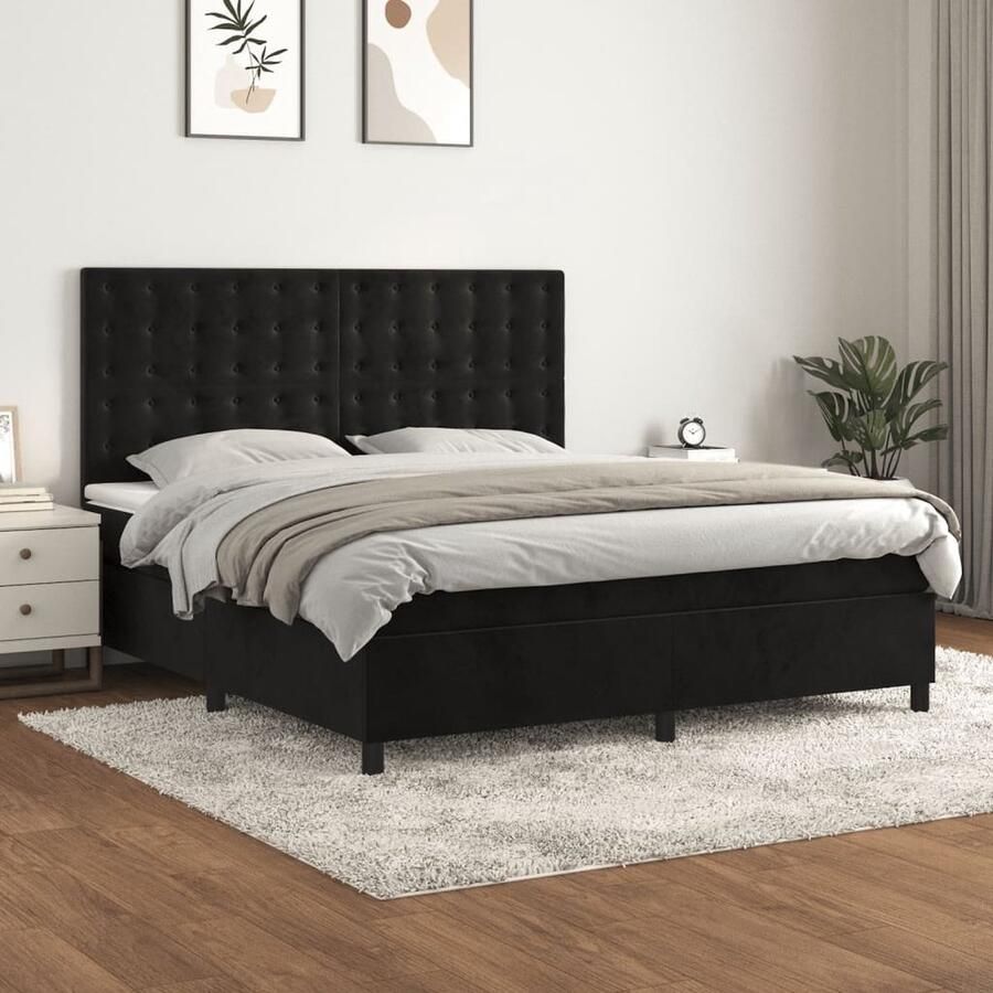 VidaXL Boxspring Fluweel Zwart 180x200 cm Boxspringbed Fluweel Bed Velvet Bed Tweepersoons Bed King Size Bed Hoofdbord Pocketveer Matras Middelhard Matras Zwarte Boxspring - Foto 2