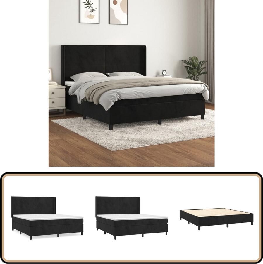 VidaXL Boxspring Fluweel Zwart 180x200 cm Boxspringbed Fluweel Bed Zwarte Boxspring Tweepersoons Bed King Size Bed Pocketveer Matras Adjustable Headboard