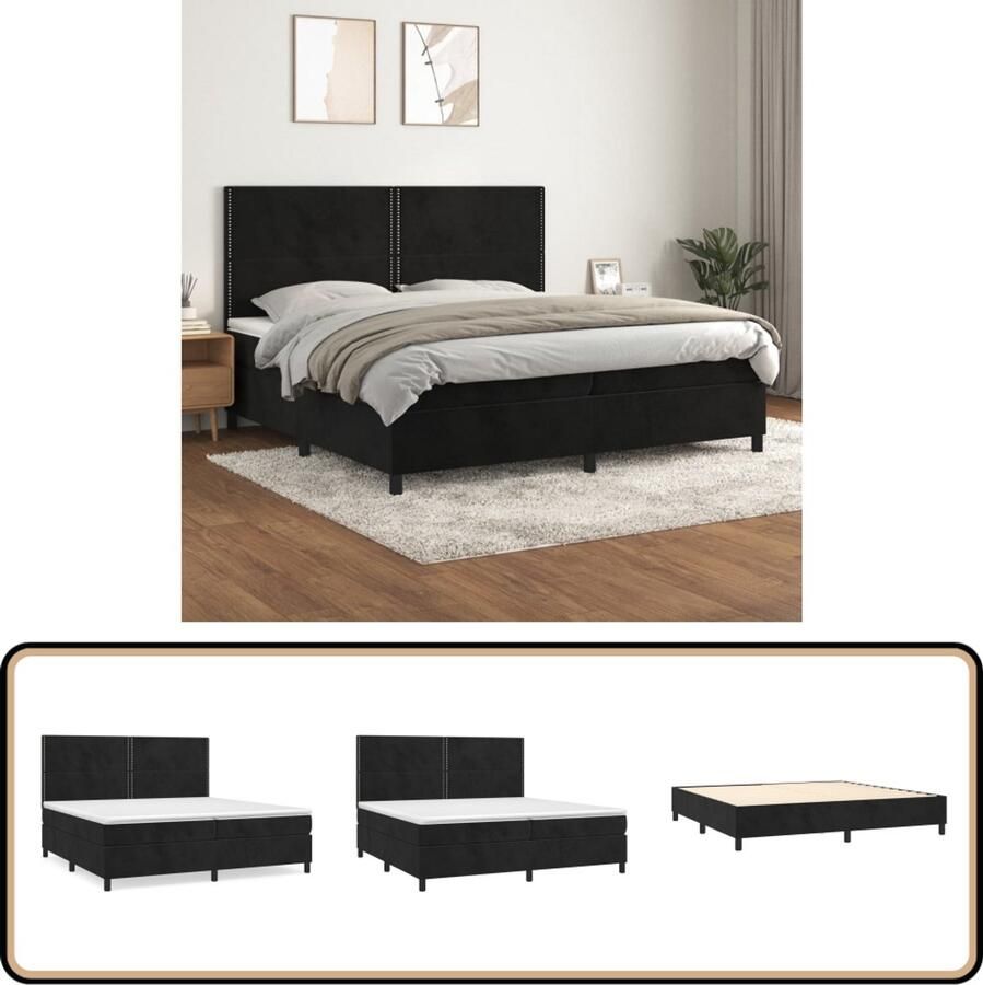 VidaXL Boxspring Fluweel Zwart 200x200 cm Boxspringbed Boxspring Tweepersoonsbed Velvet Bed Zitzakken Hoofdbord Adjustable Headboard Pocketveer Matras Medium Firm Mattress