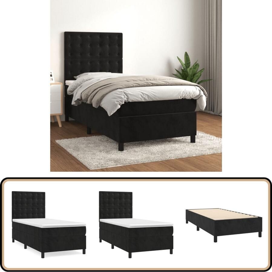 VidaXL Boxspring Fluweel Zwart 90x190 cm Boxspringbed Slaapcomfort Velvet Bed Tweepersoonsbed Zitzakken Hoofdbord Pocketvering