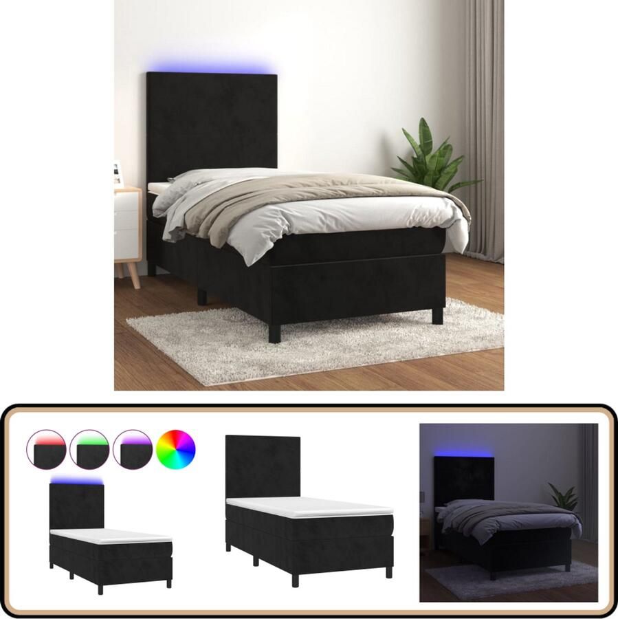 VidaXL Boxspring Fluweel Zwart 90x190 cm Inclusief LED Boxspring Bed Boxspring Led Bed Velvet Bed Zwarte Boxspring