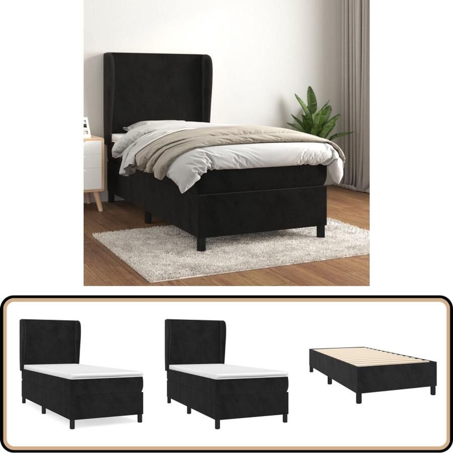 VidaXL Boxspring Fluweel Zwart 90x200 cm Inclusief Matras Boxspring Bed Velvet Bed Zwarte Boxspring Tweepersoons Bed King Size Bed Hoofdbord Pocketveer Matras Middelhard Matras