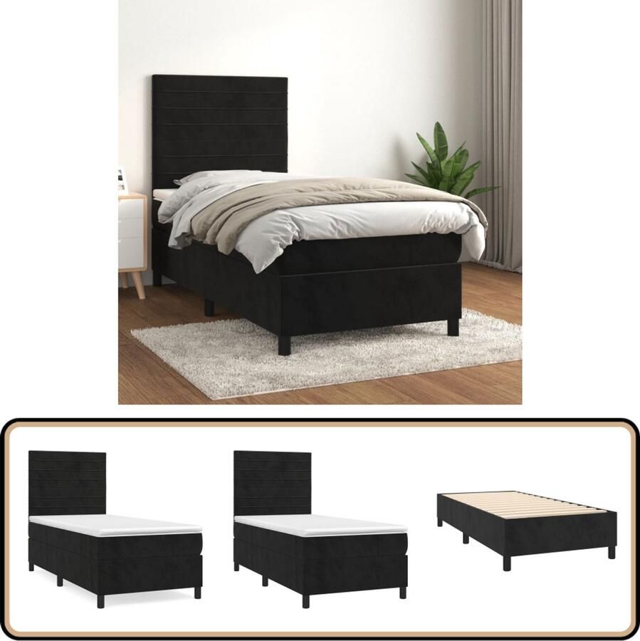 VidaXL Boxspring Fluweel Zwart Inclusief Matras 80x200 cm Boxspringbed Zwart Bed Velvet Bed Verstelbare Hoofdbord Pocketvering Matras