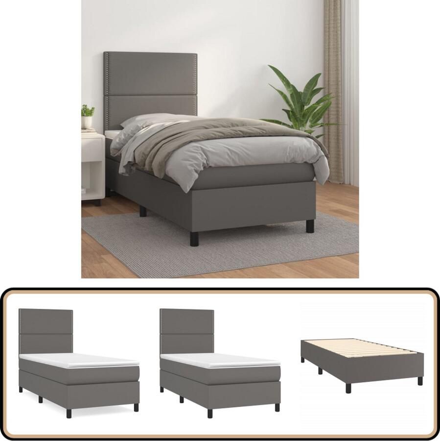 VidaXL Boxspring Grijs 100x200 cm met Matras Boxspringbed Slaapcomfort Kunstleder Bed Boxspring Tweepersoonsbed Groot Bed Design Bed Modern Bed Grijs Bed