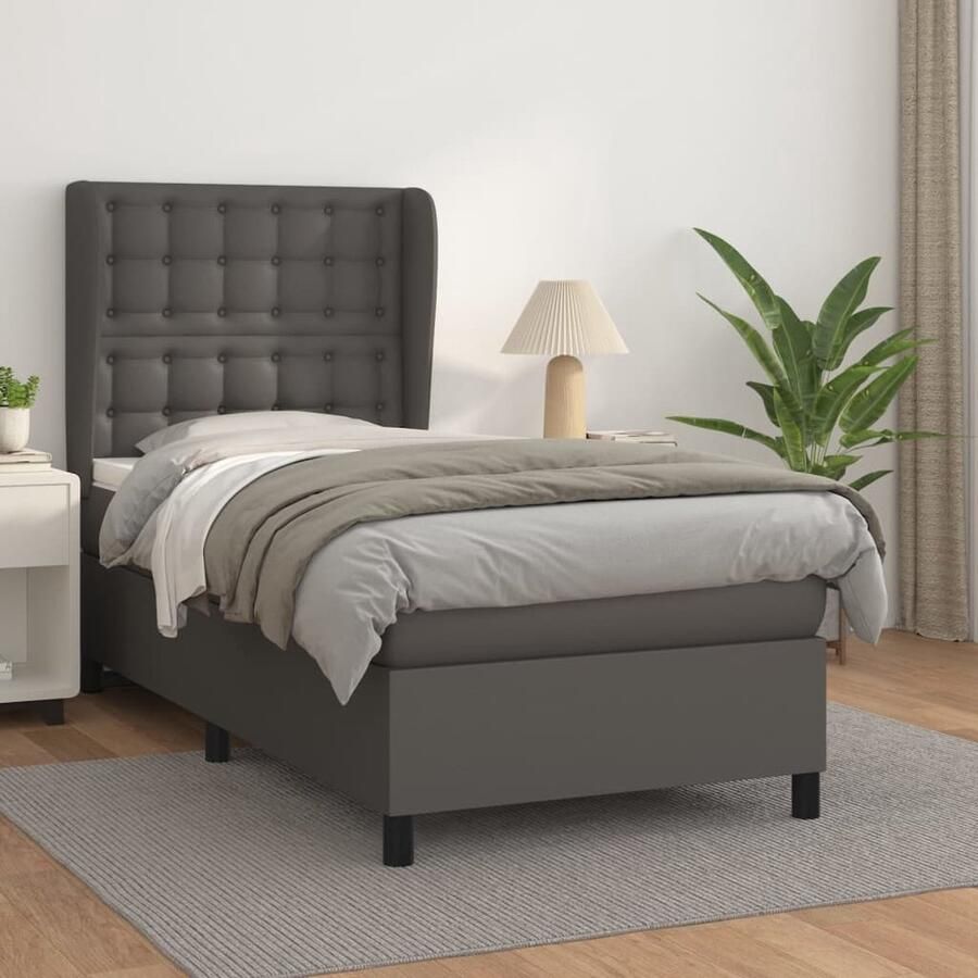 VidaXL Boxspring Grijs 100x200 cm met Matras Boxspringbed Slaapcomfort Kunstleder Verstelbare Hoofdbord Pocketveer Matras Middenhard Matras Grijs Bed - Foto 2